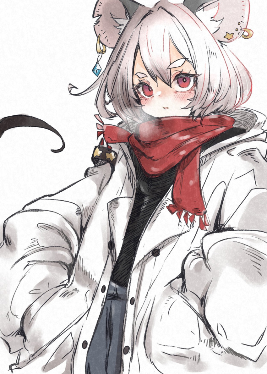 1girl animal_ears black_shirt black_skirt blush coat deal360acv grey_hair hair_between_eyes hands_in_pockets highres long_sleeves looking_at_viewer mouse_ears mouse_tail nazrin open_clothes open_coat open_mouth red_eyes red_scarf scarf shirt short_eyebrows short_hair simple_background skirt solo tail touhou white_background white_coat