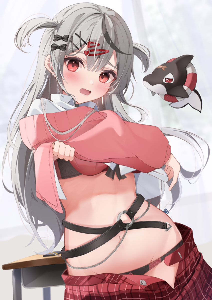 1girl absurdres black_bra black_hair black_panties blush bra cardigan chain clothes_lift collared_shirt ear_piercing earrings fang glint grey_hair groin hair_ornament hairclip highres hololive innertube inu_(sakamata_chloe) jewelry kamimori_kuuraku lifted_by_self long_hair long_sleeves looking_at_viewer multicolored_hair navel o-ring open_mouth orca panties piercing pink_cardigan plaid plaid_skirt puffy_long_sleeves puffy_sleeves red_eyes red_skirt sakamata_chloe school_uniform shirt sidelocks skirt solo stomach streaked_hair stud_earrings two_side_up underwear virtual_youtuber white_shirt x_hair_ornament