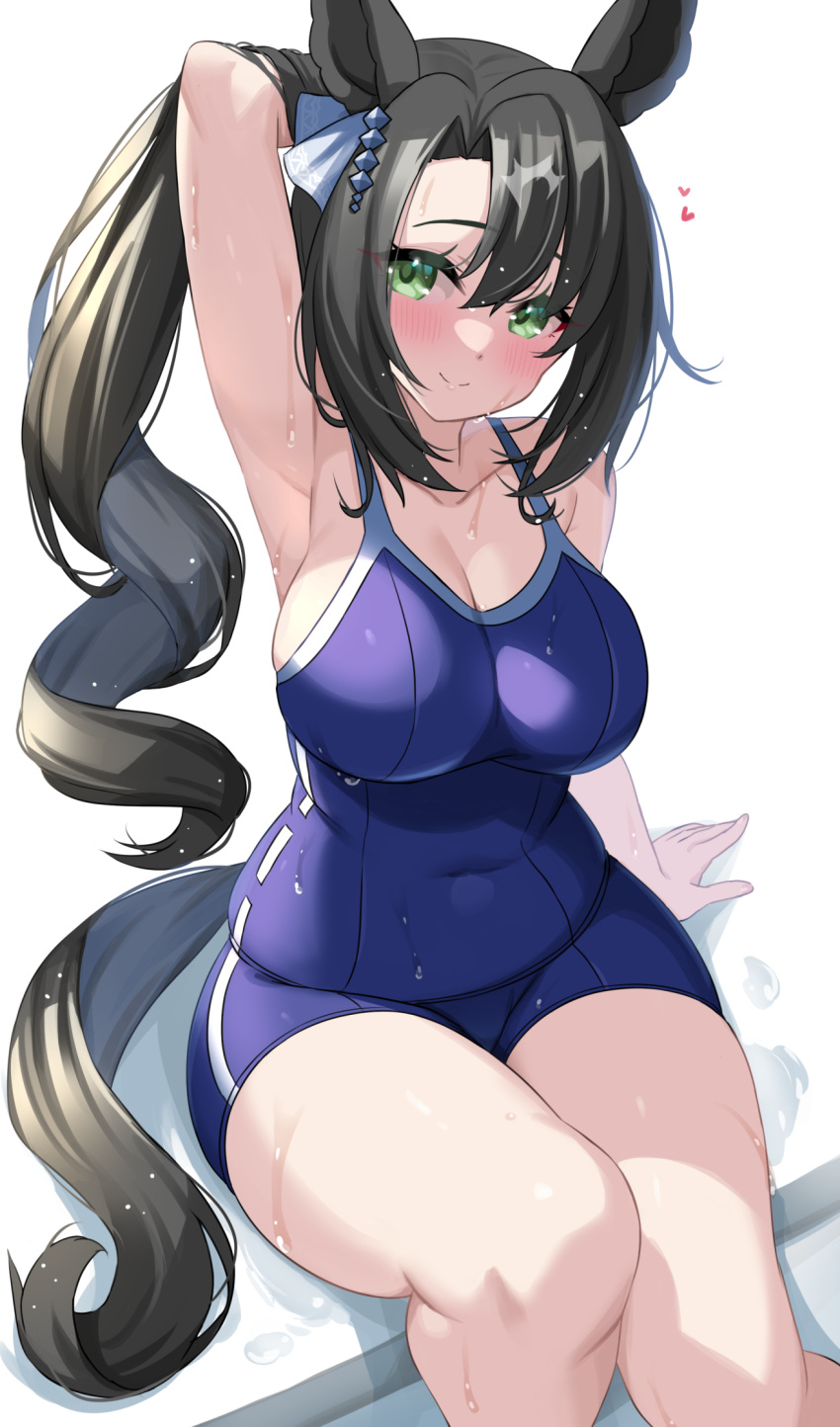 1girl animal_ears arm_behind_head black_hair blue_one-piece_swimsuit blush breasts cleavage closed_mouth commentary_request covered_navel green_eyes highres horse_ears horse_girl horse_tail kibihimi large_breasts long_hair looking_at_viewer one-piece_swimsuit satono_crown_(umamusume) side_ponytail simple_background sitting smile solo swimsuit tail thighs tracen_swimsuit umamusume wet wet_clothes wet_swimsuit white_background