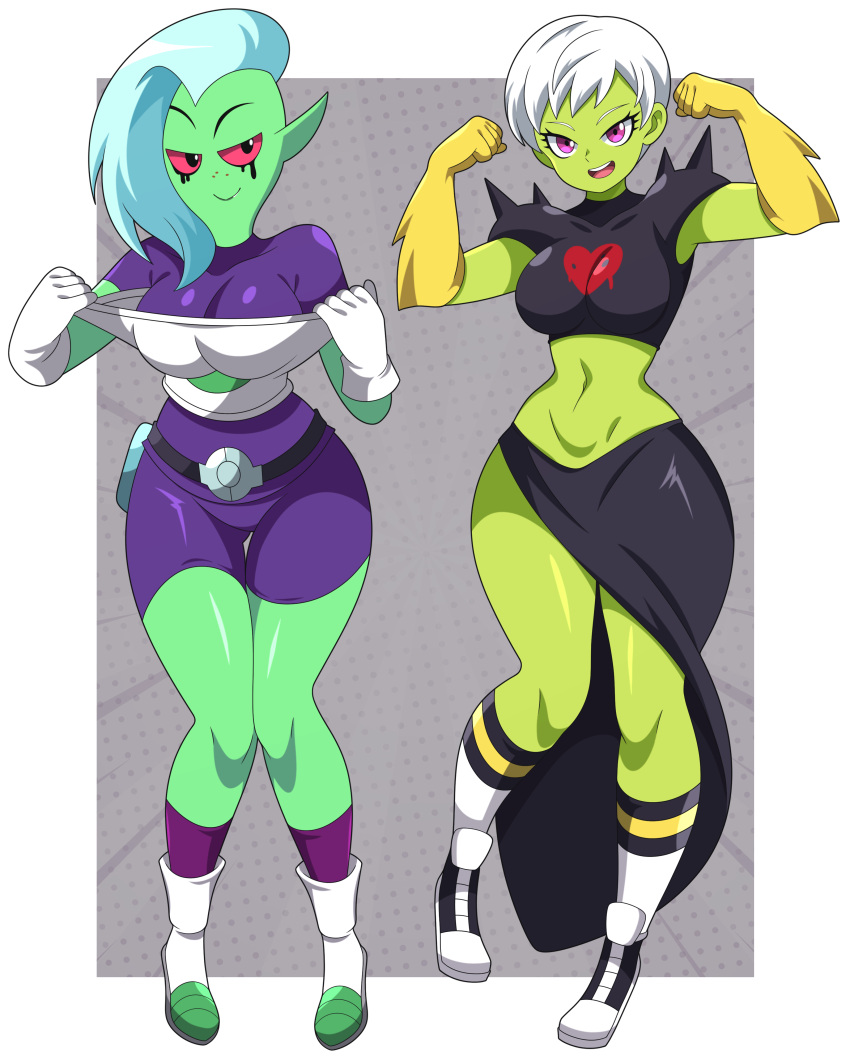 5_fingers absurd_res abysswatchers alien alien_humanoid big_breasts boots bottomwear breasts cheelai clothed clothing cosplay crossover crossover_cosplay dragon_ball dragon_ball_super duo female fingers footwear gloves green_body green_skin hair half-closed_eyes handwear hi_res humanoid humanoid_pointy_ears long_hair lord_dominator midriff narrowed_eyes navel noseless not_furry open_mouth pink_sclera shoes shorts smile socks standing teeth tongue wander_over_yonder white_hair wide_hips