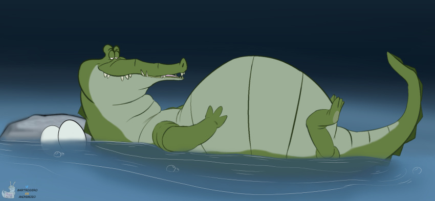 artrogero_(artist) belly big_belly cave crocodile crocodilian crocodylid egg feral floating_on_water hi_res male peter_pan pregnant pregnant_male reptile rock scalie solo tail tick-tock_the_crocodile watermark