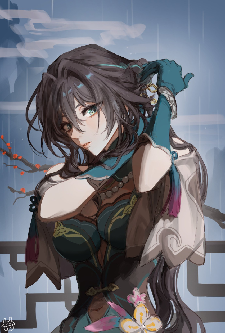 1101_nimox 1girl architecture bead_necklace beads breasts brown_hair chinese_clothes cleavage east_asian_architecture floral_print flower gloves green_eyes green_gloves hair_between_eyes hair_ornament highres honkai:_star_rail honkai_(series) jewelry long_hair navel necklace parted_lips pink_lips ruan_mei_(honkai:_star_rail) see-through see-through_cleavage shawl simple_background tree upper_body