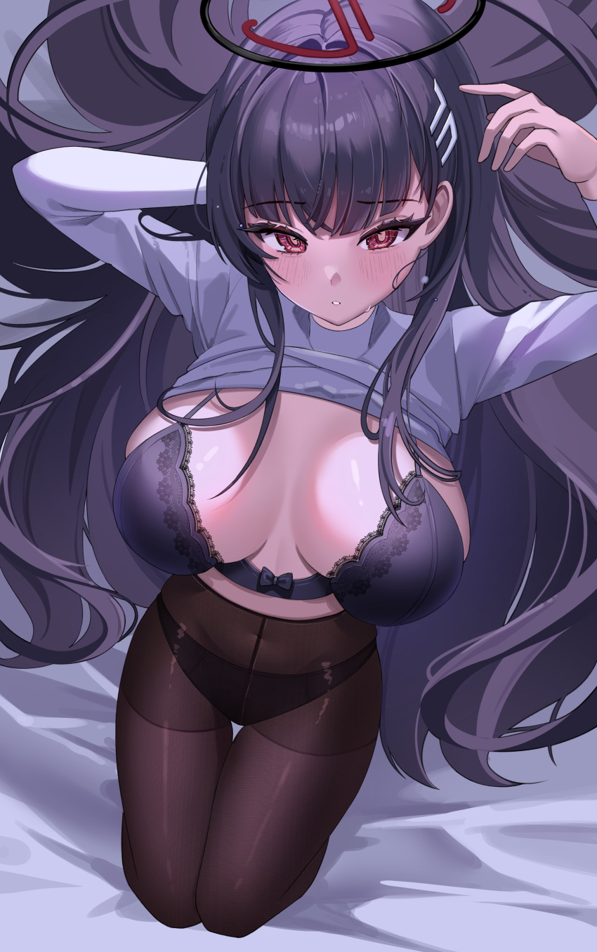 1girl absurdres bed_sheet black_bra black_hair black_panties black_pantyhose blue_archive blush bra breasts breasts_apart bright_pupils clothes_lift from_above halo highres kaho_oco large_breasts long_hair looking_at_viewer lying on_back panties panties_under_pantyhose pantyhose parted_lips red_eyes rio_(blue_archive) solo sweater sweater_lift thighband_pantyhose underwear very_long_hair white_sweater