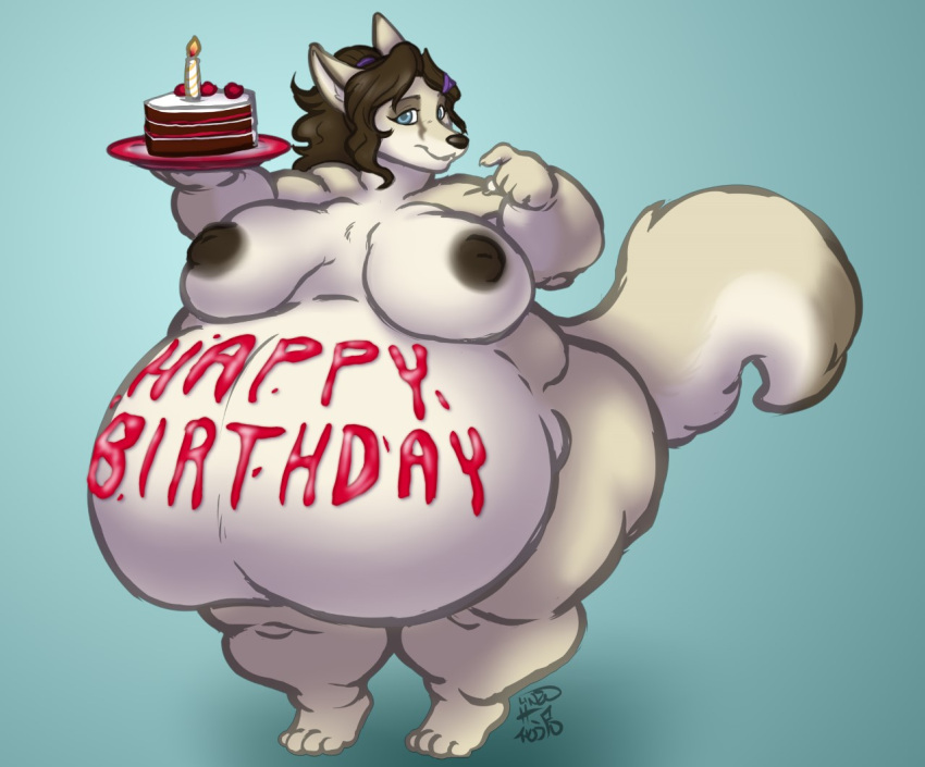 2023 anthro barefoot big_breasts biped blue_background breasts brown_hair cake canid canine dessert feet female food fox hair hanazawa holding_food holding_object mammal nude obese obese_anthro obese_female overweight overweight_anthro overweight_female plate simple_background solo standing