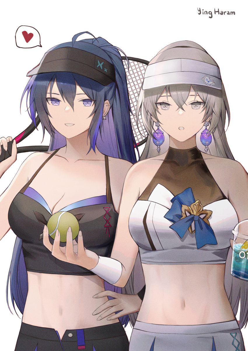 2girls absurdres adapted_costume ahoge artist_name ball bare_arms bare_shoulders breasts bronya_rand camisole cleavage collaboration collarbone commentary crop_top cup disposable_cup earrings grey_eyes grey_hair grin heart highres holding holding_ball honkai:_star_rail honkai_(series) jewelry long_hair looking_at_viewer matcha_202 midriff multiple_girls navel open_fly parted_lips purple_eyes purple_hair racket seele_(honkai:_star_rail) shirt sidelocks simple_background sleeveless sleeveless_shirt smile spaghetti_strap spoken_heart stomach tennis_ball tennis_racket upper_body very_long_hair visor_cap white_background ying_haram