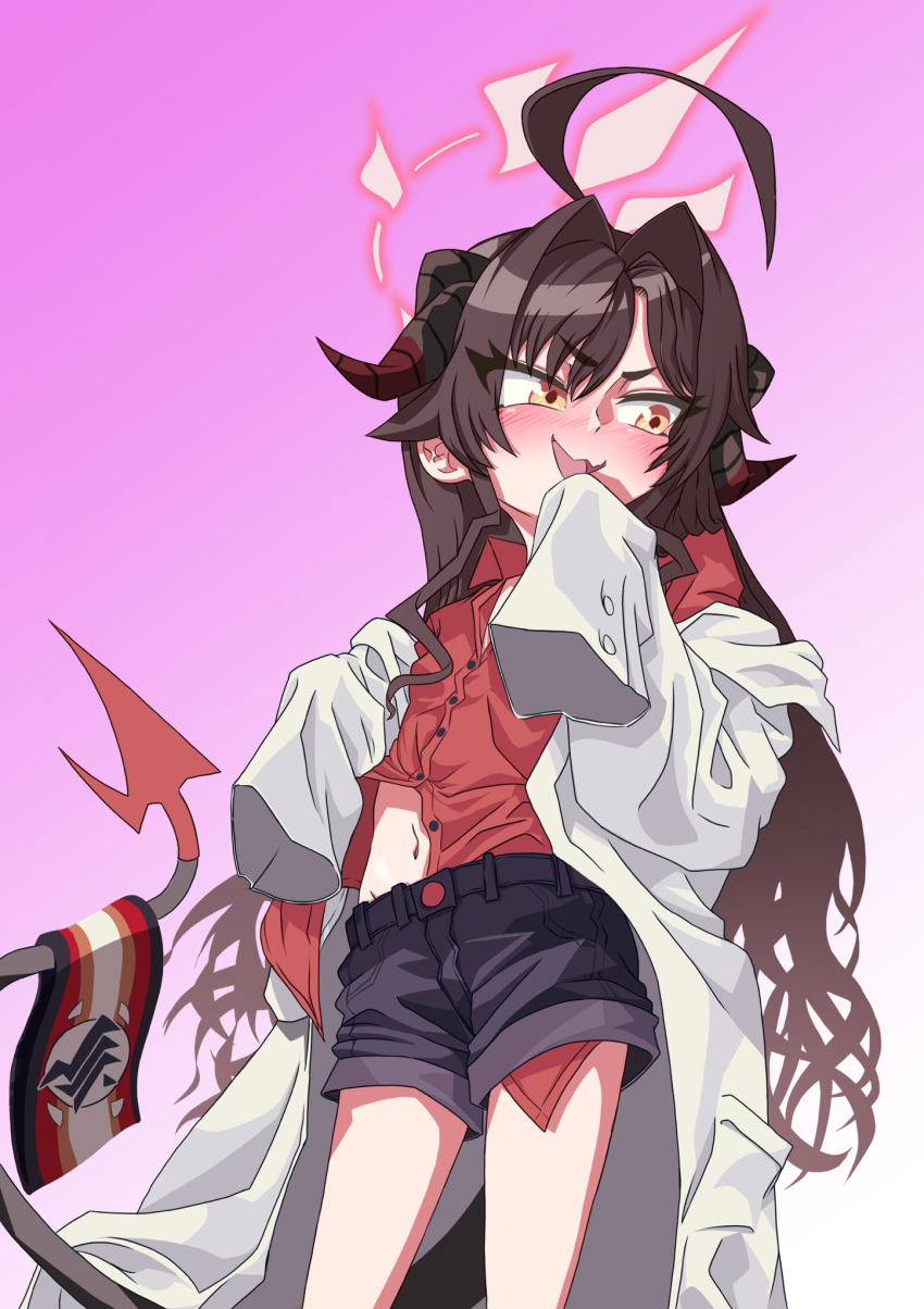 1girl aghanseonmul ahoge black_hair black_horns black_shorts black_tail blue_archive blush coat collared_shirt demon_horns gradient_background hair_intakes halo highres horns kasumi_(blue_archive) lab_coat long_hair navel open_clothes open_coat oversized_clothes purple_background red_shirt shirt short_eyebrows short_shorts shorts smile solo tail white_coat yellow_eyes