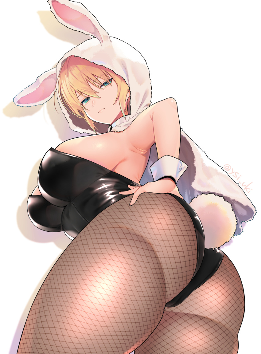 1girl animal_hood armpit_crease armpit_peek ass blonde_hair blue_eyes breasts capelet fishnet_pantyhose fishnets from_below genderswap genderswap_(mtf) hair_between_eyes half-closed_eyes hand_on_own_hip hato_yu-ki highleg highleg_leotard highres hood hooded_capelet large_breasts leotard looking_at_viewer looking_down pantyhose playboy_bunny rabbit_hood rabbit_tail shadow short_hair sideboob solo standing tail thighs touken_ranbu white_background yamanbagiri_kunihiro