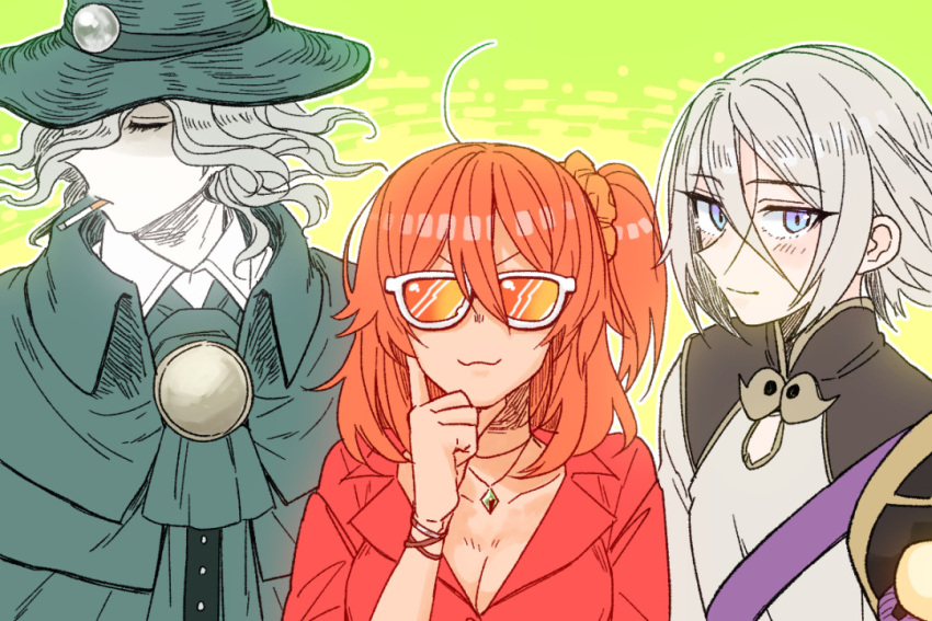 1girl 2boys ahoge blue_eyes blush breasts cigarette cleavage closed_eyes closed_mouth coat commentary_request edmond_dantes_(fate) fate/grand_order fate_(series) fujimaru_ritsuka_(female) gedougawa green_background green_coat green_headwear grey_hair hair_between_eyes hair_ornament hair_scrunchie large_breasts long_bangs looking_at_viewer magatama medium_hair multiple_boys one_side_up orange_hair outline prince_of_lan_ling_(fate) scrunchie short_hair smile sunglasses upper_body wavy_hair white-framed_eyewear white_outline