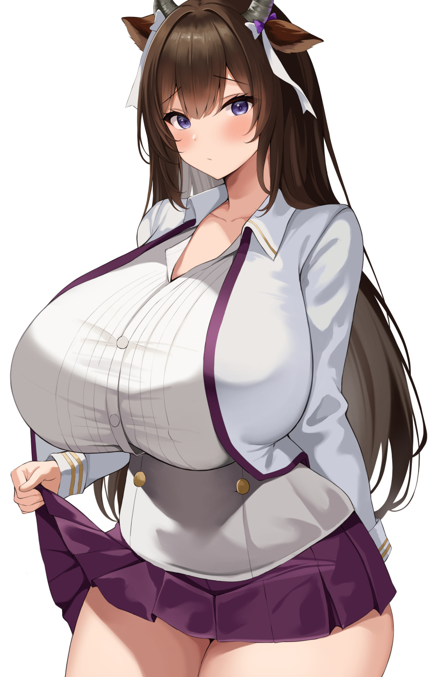 1girl absurdres animal_ears azur_lane blue_eyes blush breasts brown_hair closed_mouth clothes_lift collarbone cow_ears cow_horns gigantic_breasts grey_shirt hair_ribbon highres horns jacket kashino_(azur_lane) long_hair looking_at_viewer neneneji purple_skirt purple_trim ribbon shirt simple_background skirt skirt_lift solo white_background white_jacket
