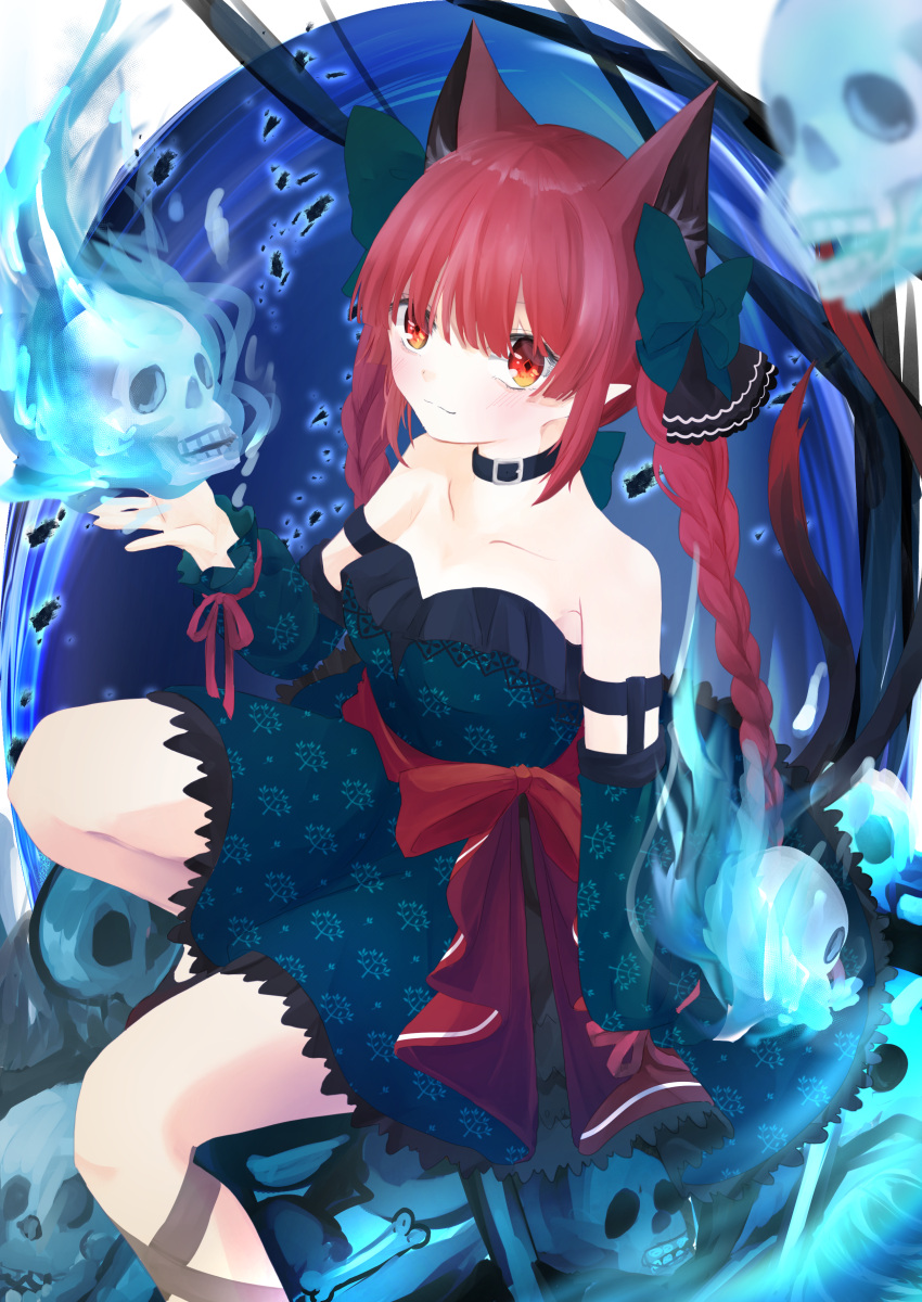 1girl absurdres animal_ears bare_shoulders blue_dress bow braid cat_ears cat_tail choker commentary dress extra_ears floating_skull hair_bow highres hitodama kaenbyou_rin multiple_tails nekomata red_eyes red_hair ribbon sabatuki strapless strapless_dress symbol-only_commentary tail touhou twin_braids