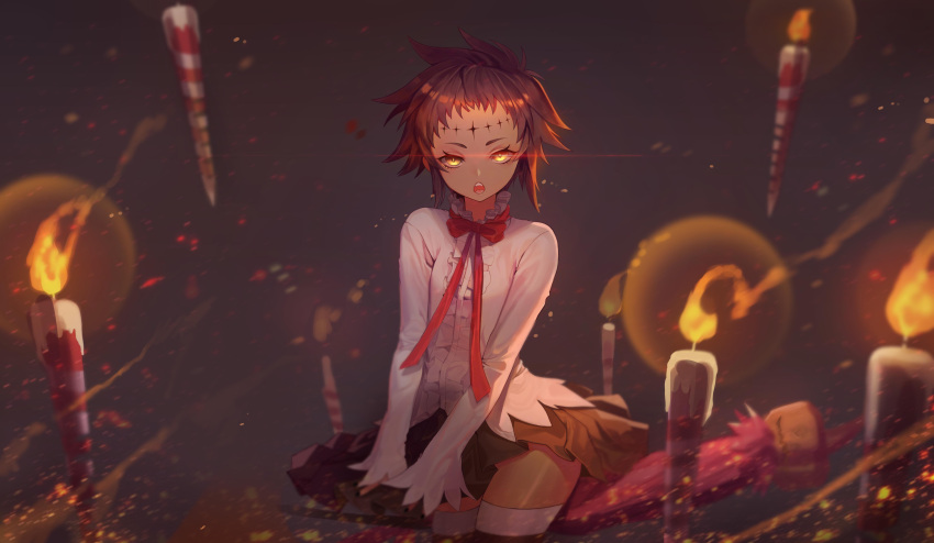 1girl absurdres black_hair candle chicken_(dalg-idalg) d.gray-man dark-skinned_female dark_skin floating_candle highres looking_at_viewer open_mouth road_kamelot sitting solo yellow_eyes