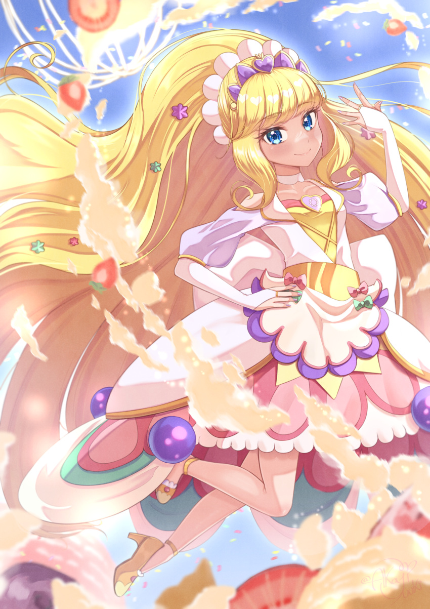 1girl absurdres akajiyuuki blonde_hair blue_eyes blunt_bangs blush bow bridal_gauntlets brooch choker cure_finale delicious_party_precure dress food fruit gloves hair_ornament heart heart_brooch high_heels highres jewelry kasai_amane long_hair looking_at_viewer magical_girl open_mouth parfait precure smile solo tiara very_long_hair white_choker white_gloves wide_ponytail