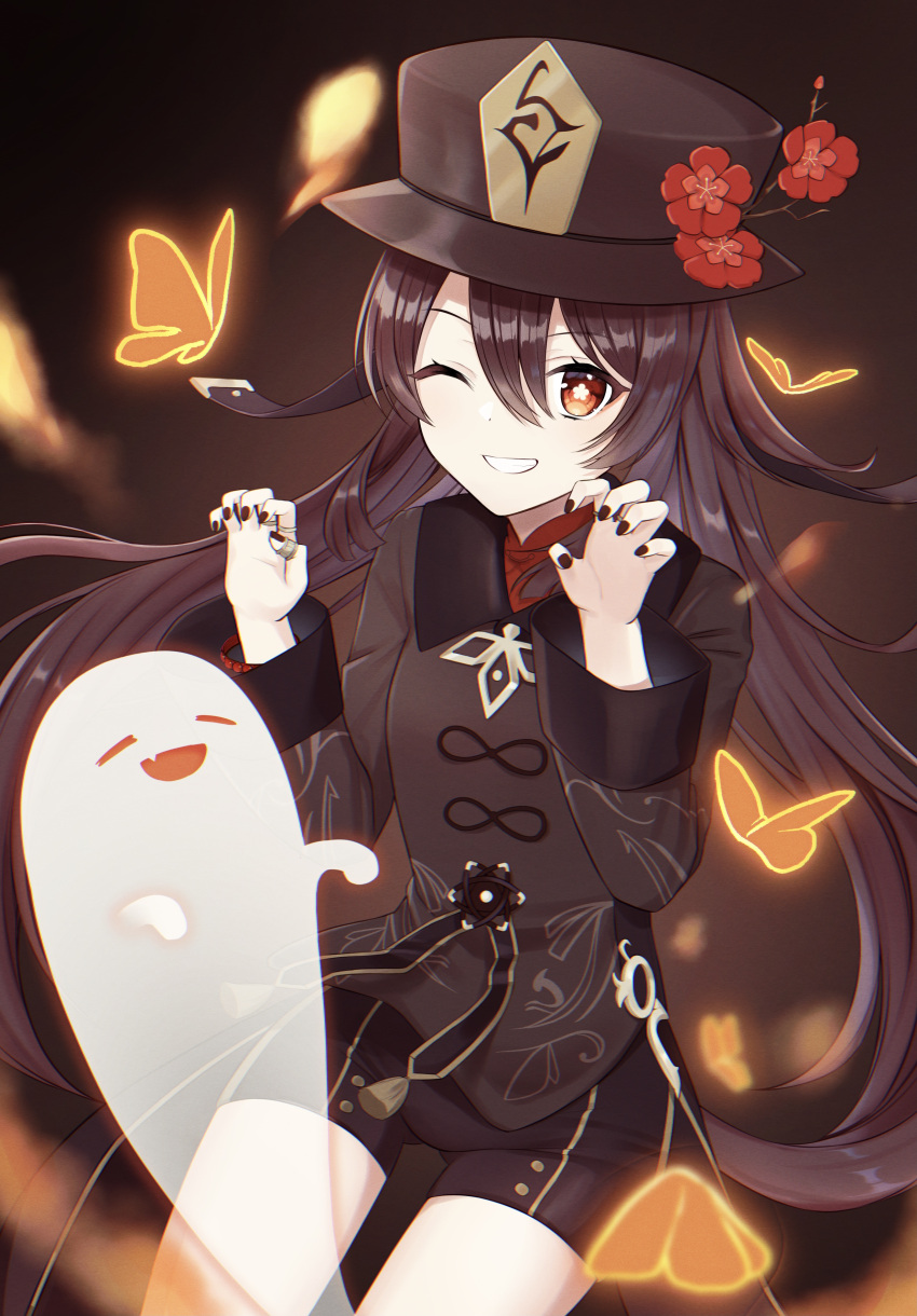 1girl absurdres black_headwear black_nails boo_tao_(genshin_impact) brown_hair flower flower-shaped_pupils genshin_impact ghost hair_between_eyes hat hat_flower highres hu_tao_(genshin_impact) long_hair long_sleeves mochiko_(uyu_omochi) one_eye_closed red_eyes shorts smile solo symbol-shaped_pupils teeth very_long_hair