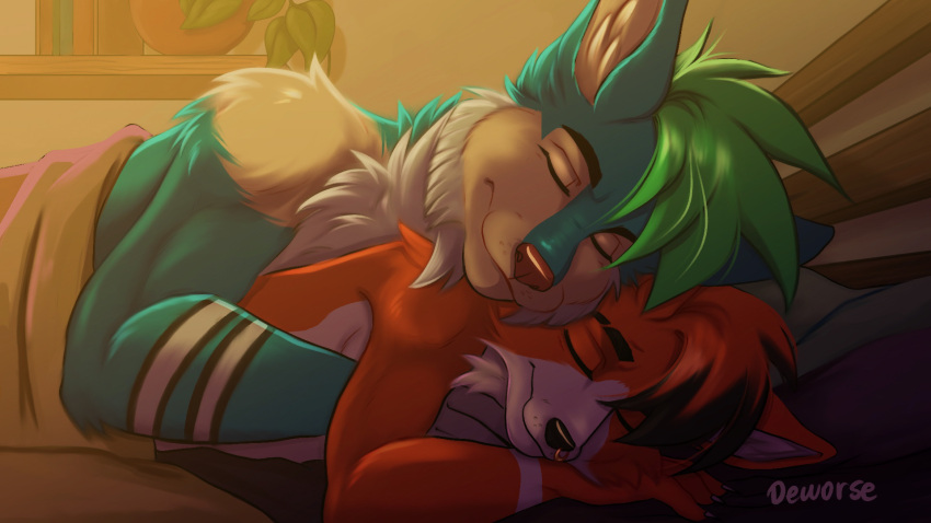 anthro canid canine canis cuddling deworse duo ebb ebb_owo flow flow_owo fox hi_res hybrid love male male/male mammal morning romantic romantic_couple wolfdog