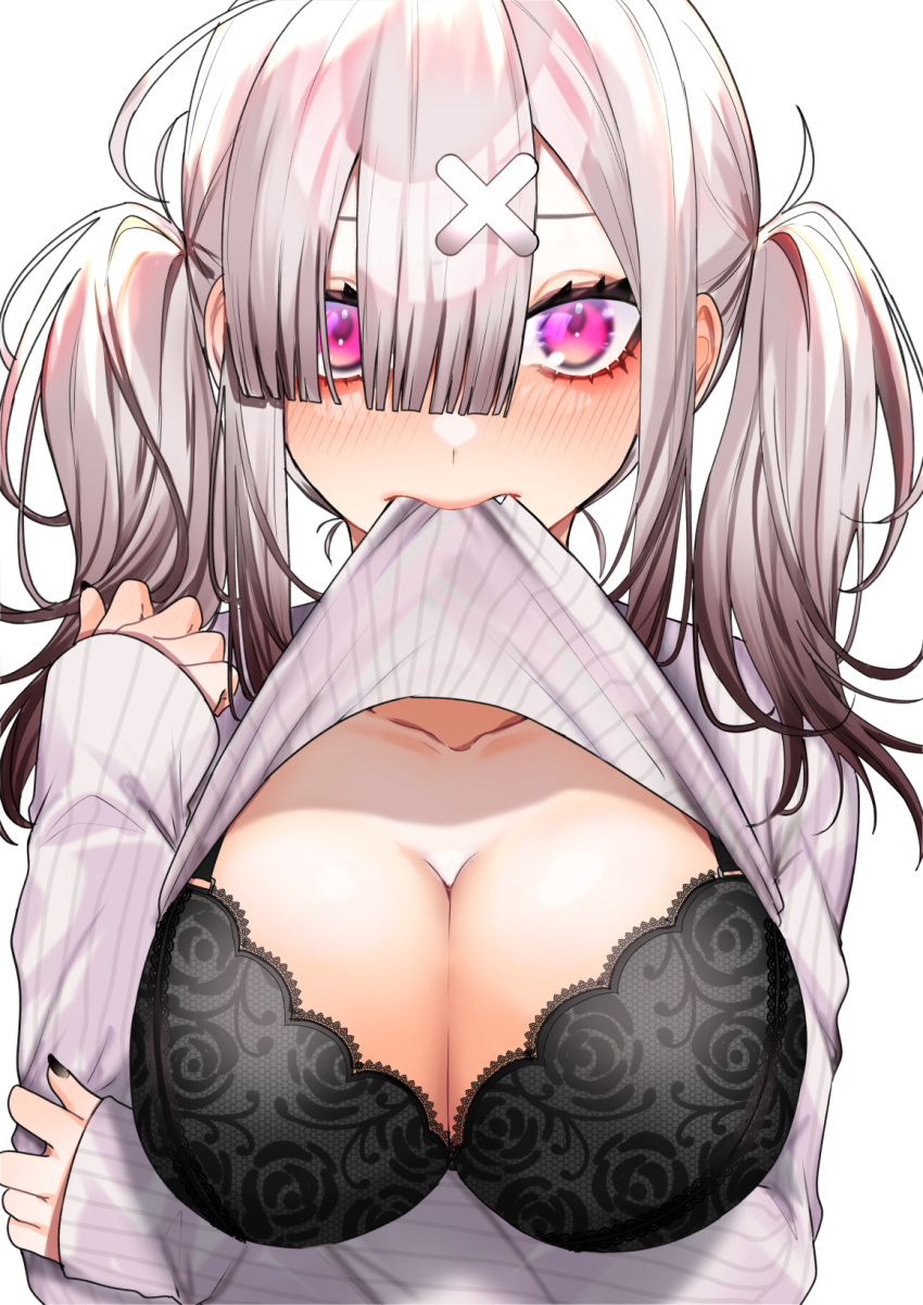 1girl black_bra blunt_bangs blush bra breasts cleavage clothes_lift collarbone crossed_bandaids embroidered_bra fingernails gomo grey_hair highres large_breasts long_sleeves looking_at_viewer mouth_hold nail_polish nijisanji pink_eyes ribbed_sweater simple_background solo sukoya_kana sweater sweater_lift twintails underwear upper_body white_background white_sweater