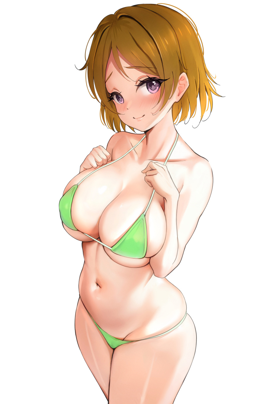 1girl absurdres bikini blush breasts brown_hair closed_mouth collarbone green_bikini hands_up highres koizumi_hanayo large_breasts looking_at_viewer love_live! love_live!_school_idol_project minted navel purple_eyes short_hair simple_background skindentation smile solo stomach swimsuit white_background