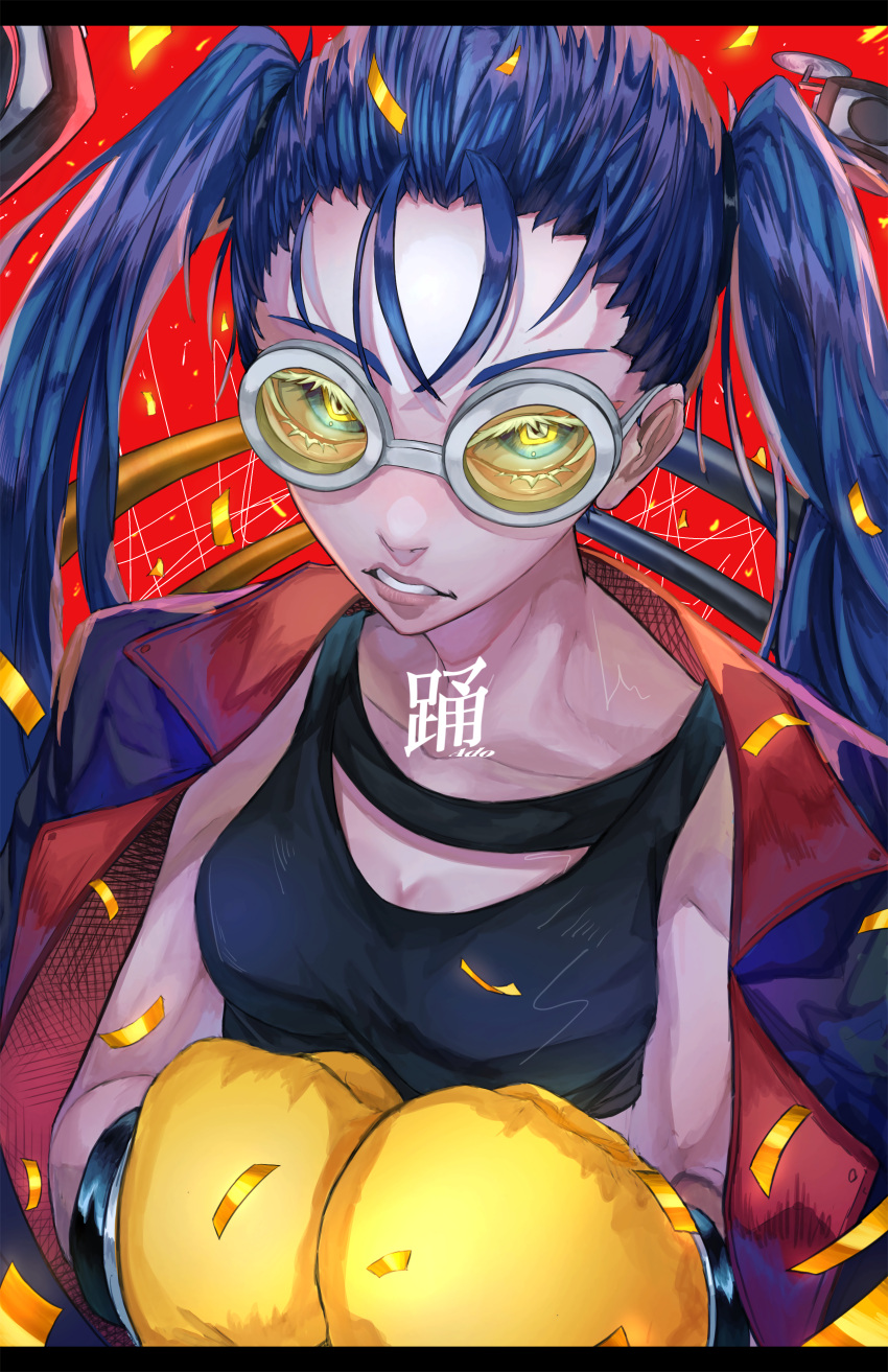 1girl absurdres ado_(utaite) black_tank_top blue_eyes blue_hair boxing_gloves breasts character_name cleavage clenched_teeth cloud_nine_inc collarbone commentary confetti highres jacket jacket_on_shoulders long_hair looking_at_viewer medium_breasts odo_(song) open_clothes open_jacket red_background red_jacket solo sunglasses tank_top teeth tinted_eyewear twintails upper_body utaite yoshimura1129
