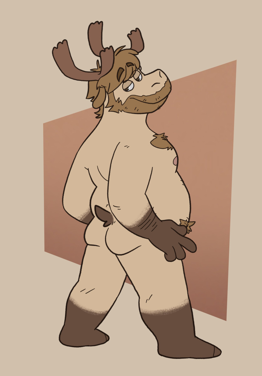 anthro antlers beard body_hair butt chest_hair chubby_anthro chubby_male deer facial_hair hi_res horn male mammal new_world_deer nipples nude reindeer rodney_(nardodraws) short_tail slightly_chubby solo tail unknown_artist