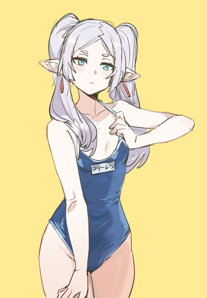 1girl absurdres aqua_eyes bikini blue_one-piece_swimsuit bow_(bhp) breasts closed_mouth clothes_pull earrings elf frieren grey_hair highres jewelry long_hair looking_at_viewer one-piece_swimsuit one-piece_swimsuit_pull petite pointy_ears pulled_by_self school_swimsuit side-tie_bikini_bottom simple_background small_breasts solo sousou_no_frieren swimsuit twintails yellow_background