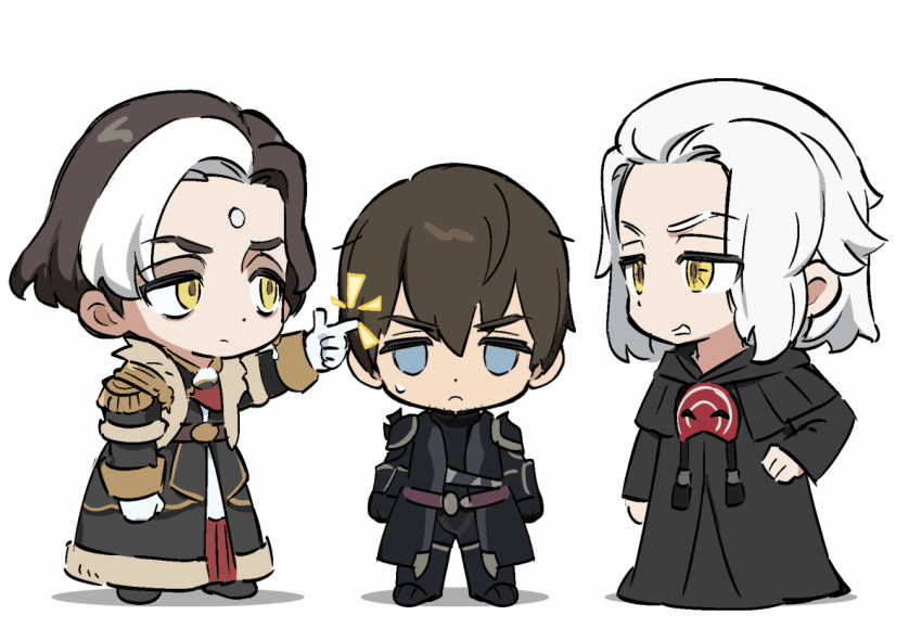 4boys :3 ^^^ ^_^ adventurer_(ff14) animated animated_gif black_capelet black_coat black_robe blue_eyes braid brown_hair capelet chibi chinese_commentary closed_eyes coat commentary_request covered_eyes dual_persona earrings emet-selch epaulettes facial_hair final_fantasy final_fantasy_xiv full_body fur-trimmed_coat fur_trim garlean gloves hair_pulled_back hand_on_own_hip hood hood_down hooded_capelet hythlodaeus jewelry male_focus mask mask_around_neck mask_removed multicolored_hair multiple_boys no_pupils open_mouth purple_hair robe shaded_face short_hair side_braid simple_background single_earring snapping_fingers standing stubble sweatdrop swept_bangs tassel third_eye trolling two-tone_hair variations warrior_of_light_(ff14) white_background white_gloves white_hair wuliu_heihuo yellow_eyes