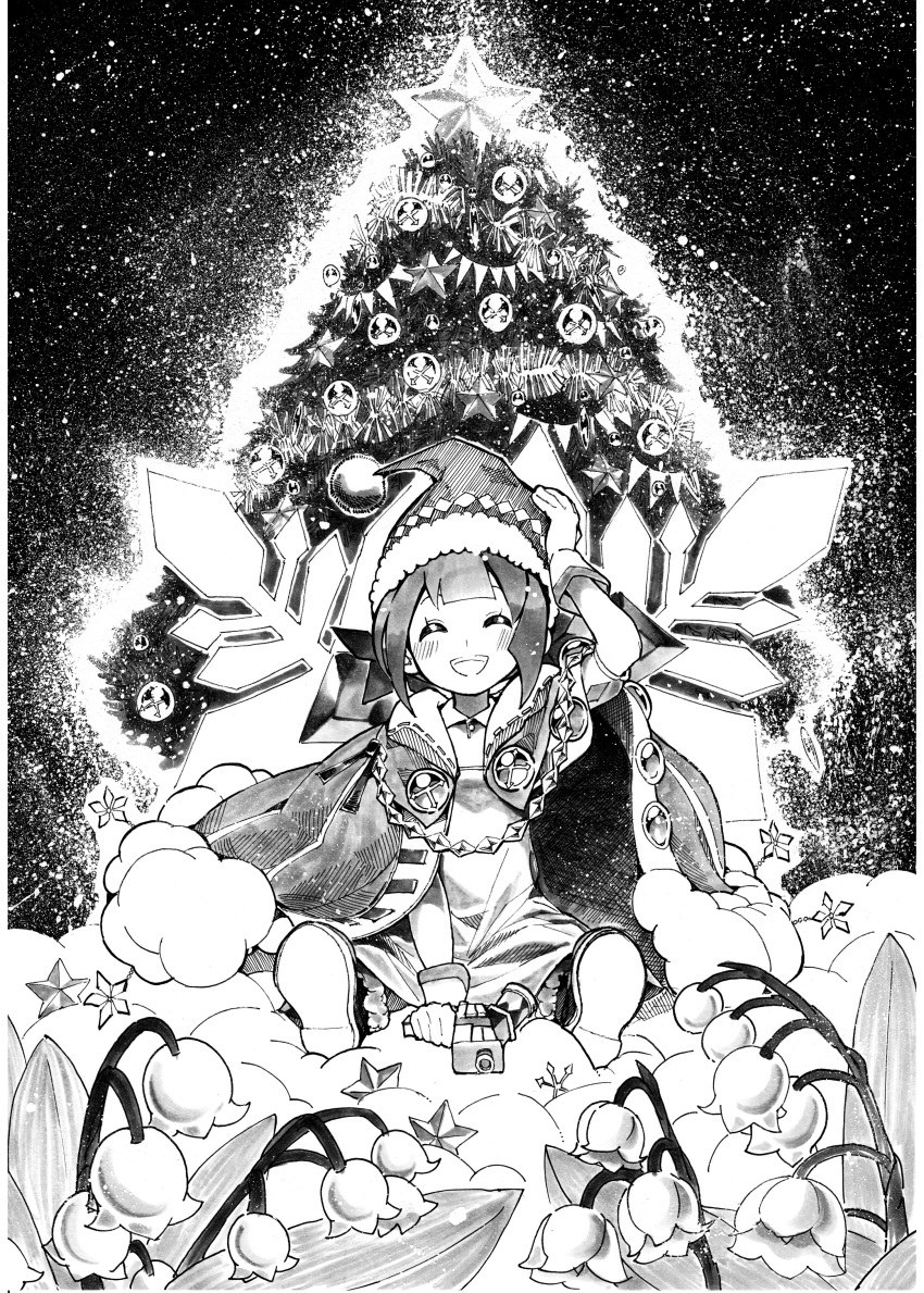 1girl absurdres blush cape christmas christmas_tree closed_eyes dress duel_monster full_body gun hand_on_own_head hat highres holding holding_gun holding_weapon open_mouth santa_hat sea_whites shoes sitting smile snowflakes solo the_weather_painter_snow weapon yu-gi-oh!