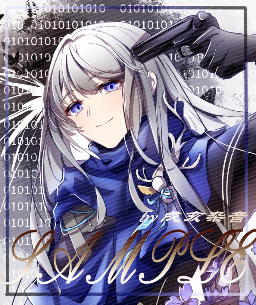 1girl artist_name binary bkornblume blue_eyes eyebrows_hidden_by_hair false_smile grey_hair gun handgun highres holding holding_gun holding_weapon kpokaht029 long_hair pointing pointing_at_self reverse:1999 roman_numeral smile solo weapon