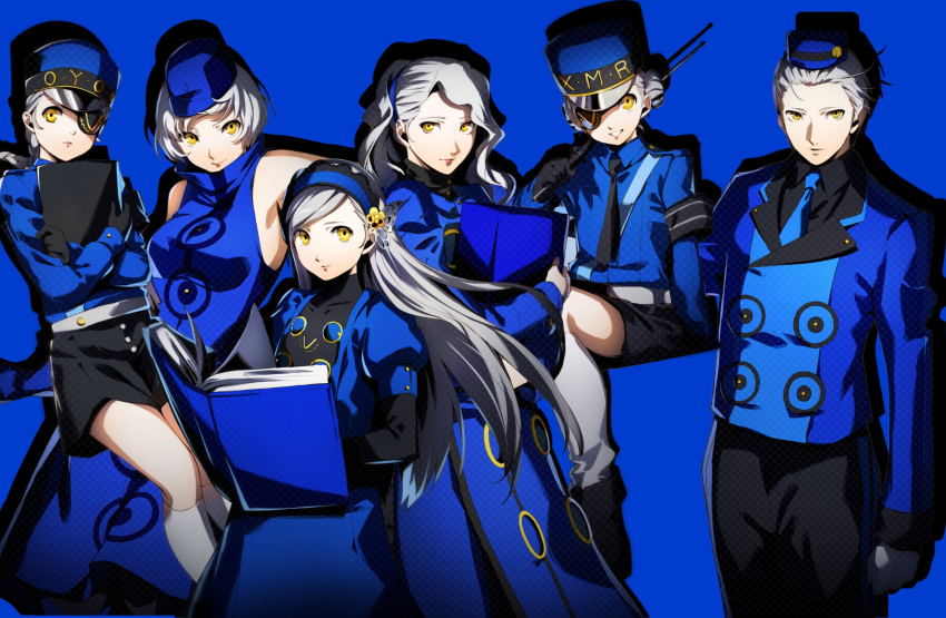 1boy 5girls bare_shoulders black_gloves black_pants black_shirt black_shorts blue_background blue_dress blue_gloves blue_hairband blue_headwear blue_jacket blue_necktie bob_cut book braid breasts brother_and_sister buttons caroline_(persona_5) closed_mouth commentary_request double_bun dress elbow_gloves elizabeth_(persona) gloves grey_hair grin hair_bun hairband hat highres holding holding_book jacket juliet_sleeves justine_(persona_5) lavenza_(persona_5) lips long_hair long_sleeves looking_at_viewer margaret_(persona) medium_breasts medium_hair military_hat multiple_girls nakano_maru necktie pants persona persona_3 persona_3_portable persona_4 persona_5 pink_lips puffy_sleeves shirt short_hair shorts siblings simple_background sisters sleeveless sleeveless_dress smile swept_bangs theodore_(persona) trait_connection twins wavy_mouth yellow_eyes