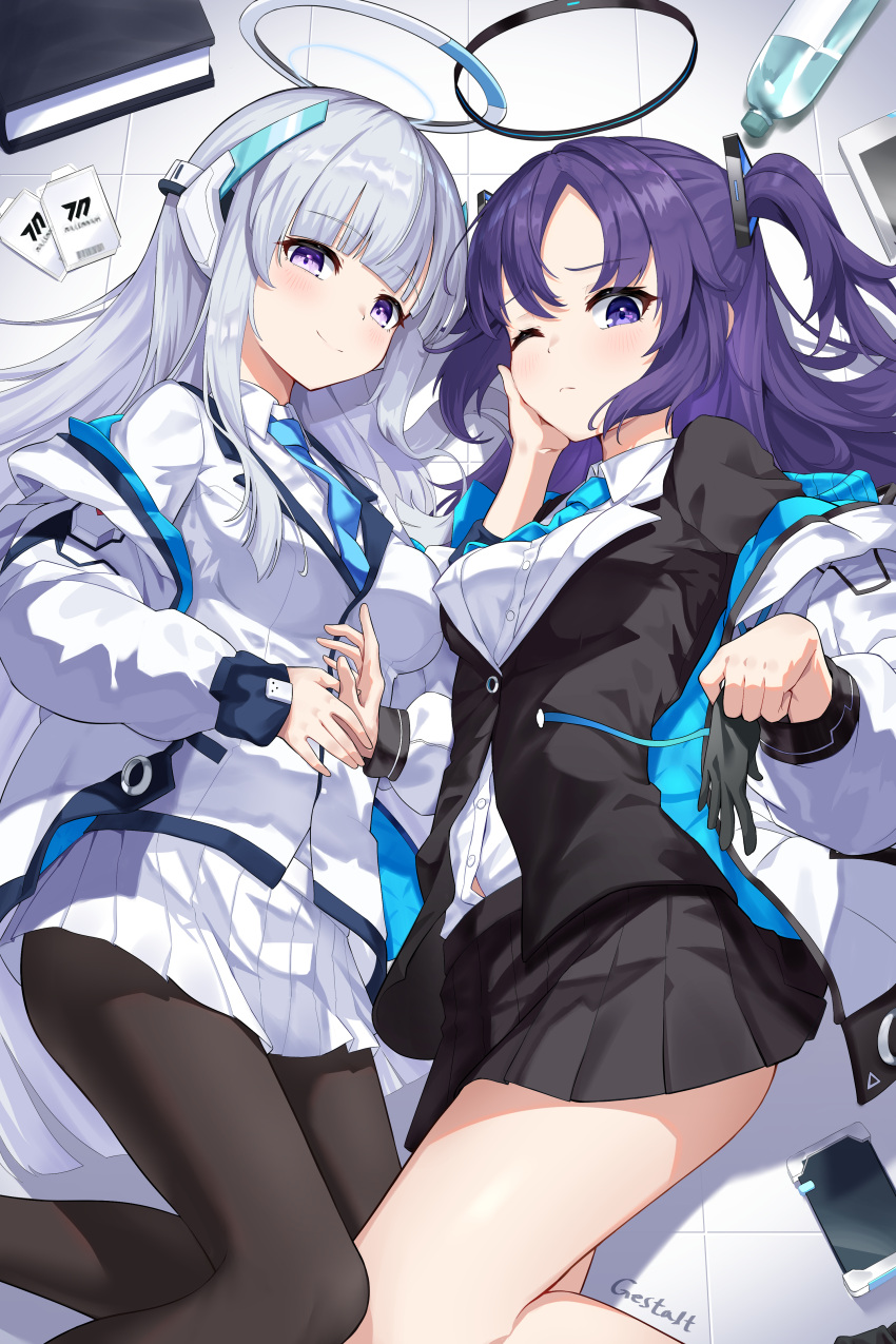 2girls absurdres artist_name black_gloves black_skirt blue_archive blue_necktie blush book bottle collared_shirt commentary formal gestalt_75 gloves gloves_removed grey_hair halo hand_on_another's_cheek hand_on_another's_face headphones highres id_card jacket long_hair looking_at_viewer lying miniskirt multiple_girls necktie noa_(blue_archive) off_shoulder on_floor one_eye_closed open_clothes open_jacket pantyhose parted_bangs pleated_skirt purple_eyes purple_hair shirt sidelocks skirt smile suit two-sided_fabric two-sided_jacket two_side_up very_long_hair white_shirt white_skirt yuuka_(blue_archive)