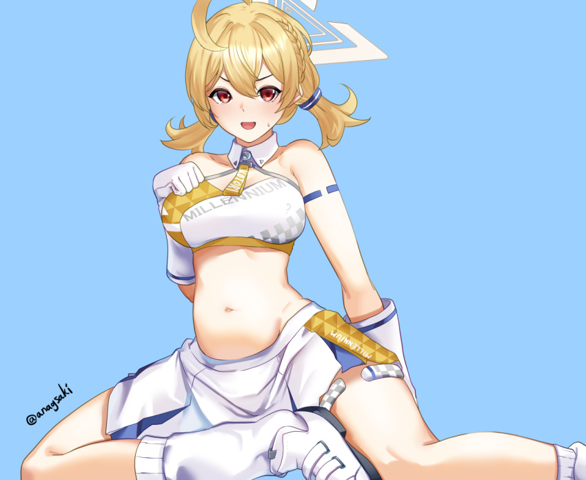 1girl ahoge aona_(anagasaki) bare_shoulders blonde_hair blue_archive blush braid breasts checkered_clothes cheerleader gloves halo kotori_(blue_archive) kotori_(cheer_squad)_(blue_archive) large_breasts loose_socks low_twintails midriff millennium_cheerleader_outfit_(blue_archive) navel open_mouth pleated_skirt red_eyes shoes short_hair single_braid skirt smile sneakers socks solo triangle_print twintails white_gloves white_skirt yellow_halo