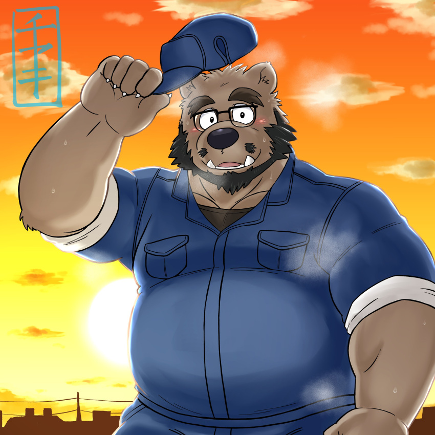 2023 absurd_res anthro bear beard black_nose bodily_fluids brown_body ch_ia_ki clothing cloud eyewear facial_hair glasses hat headgear headwear hi_res humanoid_hands kemono love_mechanic male mammal mature_male musk outside overweight overweight_male shirt solo sun sweat tom_(lm) topwear