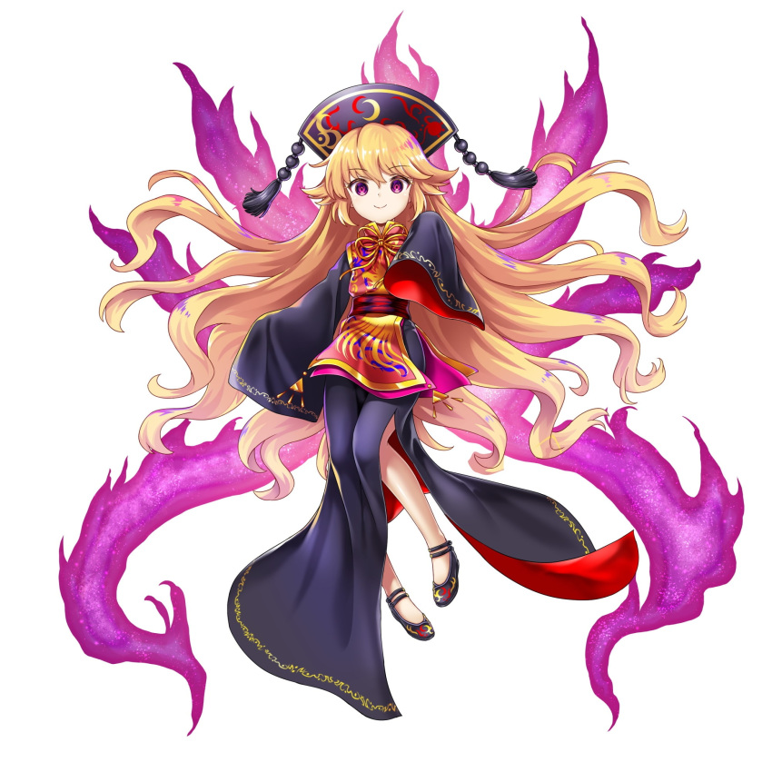 1girl aged_down alternate_size black_dress black_headwear chinese_clothes crescent_print dress energy full_body game_cg highres junko_(nameless_space_horror)_(touhou) junko_(touhou) long_dress long_hair looking_at_viewer orange_hair phoenix_crown red_eyes rotte_(1109) sash simple_background sleeves_past_fingers sleeves_past_wrists smile solo tabard third-party_source touhou touhou_lost_word very_long_sleeves white_background wide_sleeves