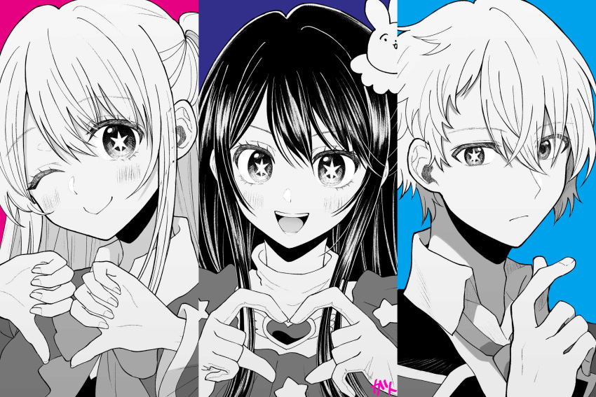 1boy 2girls blue_background brother_and_sister family finger_heart greyscale_with_colored_background heart heart_hands highres hoshino_ai_(oshi_no_ko) hoshino_aquamarine hoshino_ruby light_blue_background long_hair looking_at_viewer mother_and_daughter mother_and_son multiple_girls oshi_no_ko red_background short_hair siblings star-shaped_pupils star_(symbol) symbol-shaped_pupils togatagato