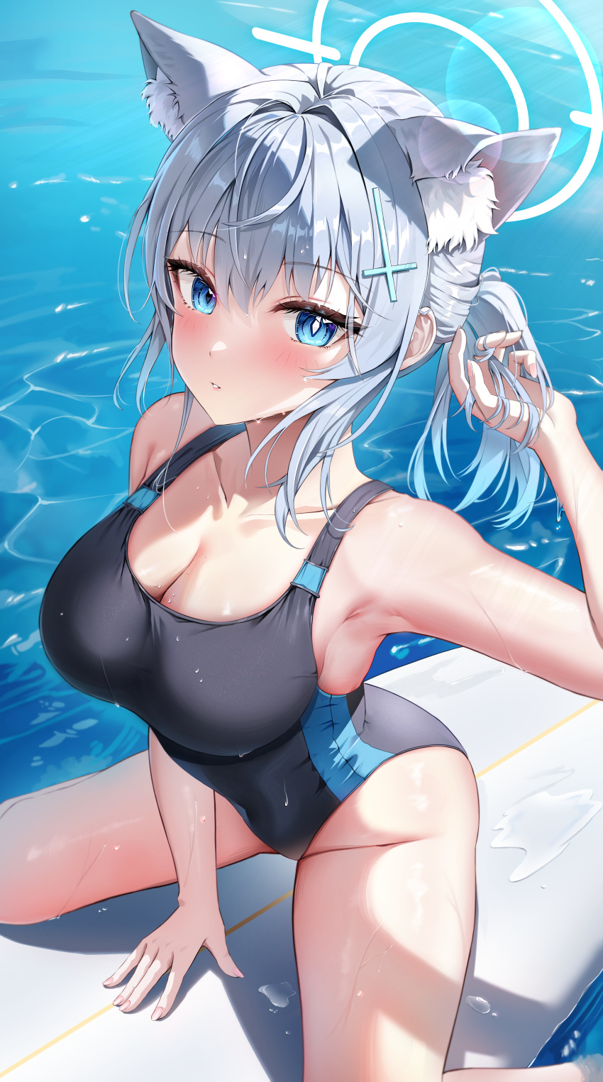1girl absurdres animal_ear_fluff animal_ears bare_arms bare_legs bare_shoulders black_one-piece_swimsuit blue_archive blue_eyes blush breasts cleavage collarbone competition_swimsuit cross_hair_ornament extra_ears fingernails grey_hair hair_between_eyes hair_ornament highres large_breasts li_se looking_at_viewer medium_hair mismatched_pupils official_alternate_costume one-piece_swimsuit outdoors parted_lips pool shiroko_(blue_archive) shiroko_(swimsuit)_(blue_archive) solo swimsuit wet wet_clothes wet_swimsuit wolf_ears