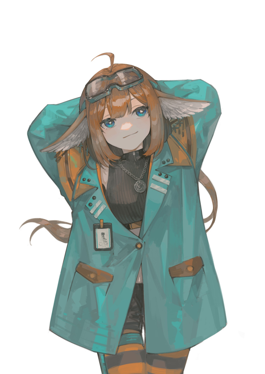 1girl absurdres aciddrop_(afternoon_teatime)_(arknights) aciddrop_(arknights) ahoge animal_ears arknights arms_behind_head bird_ears black_shorts blue_eyes closed_mouth commentary_request crop_top goggles goggles_on_head green_jacket highres id_card jacket jewelry long_hair long_sleeves looking_at_viewer miike_(992058) necklace official_alternate_costume orange_pantyhose pantyhose pantyhose_under_shorts rhodes_island_logo ribbed_shirt shirt shorts simple_background smile solo striped striped_pantyhose white_background