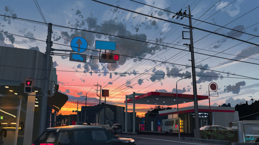 absurdres banishment blue_sky building car cloud evening gas_station gradient_sky highres motor_vehicle no_humans orange_sky original outdoors power_lines road road_sign scenery sign sky street traffic_light utility_pole