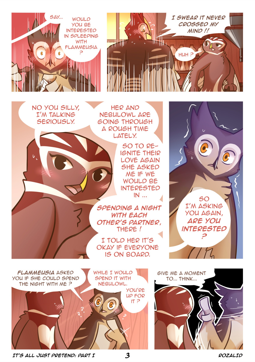 &lt;3 absurd_res anthro athene_(bird) atheniv avian beak bird blush brown_body bubble_speech bubo_(genus) bubowl colored comic detailed_background dialogue duo english_text eurasian_eagle-owl feathered_wings feathers female heart_(marking) hi_res it's_all_just_pretend kitchen little_owl looking_at_another looking_at_partner male owl panicking propositioning red_body rozalid shaking simple_background simple_eyes swingers text true_owl wings