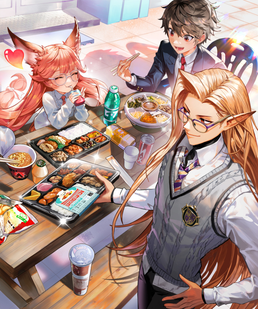 1girl 2boys absurdres animal_ear_fluff black_hair blonde_hair bottle can character_request chips_(food) chopsticks closed_eyes closed_mouth coat collared_shirt cup cup_ramen disposable_cup drinking_straw eating food glasses gran_saga hair_between_eyes heart highres holding holding_chopsticks holding_tray instant_ramen karte_(gran_saga) long_hair long_sleeves looking_at_another multiple_boys necktie on_chair open_clothes open_coat pointy_ears potato_chips red_eyes red_necktie rice sendro shadow shirt smirk sweater_vest table tray white_shirt