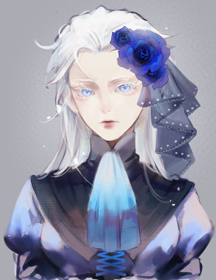 1girl blue_dress blue_eyes colored_eyelashes devil_may_cry_(series) dress flower flower_on_head genderswap genderswap_(mtf) highres lipstick lolita_fashion long_hair looking_at_viewer makeup red_lips solo vergil_(devil_may_cry) weibo_7741399156 white_hair