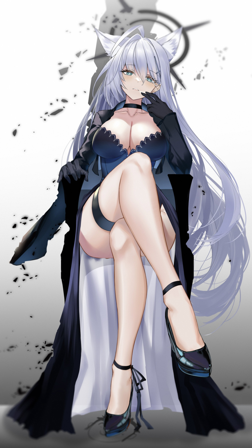 1girl absurdres ahoge animal_ear_fluff animal_ears black_dress black_footwear black_gloves blue_archive blue_eyes breasts broken_halo chair choker collarbone cross_hair_ornament crossed_legs dark_halo dress earrings extra_ears fate_(series) full_body gloves hair_ornament halo high_heels highres jewelry large_breasts long_dress looking_at_viewer shiroko_(blue_archive) shiroko_(terror)_(blue_archive) sitting solo srpzk stud_earrings thigh_strap two-sided_dress two-sided_fabric white_hair wolf_ears