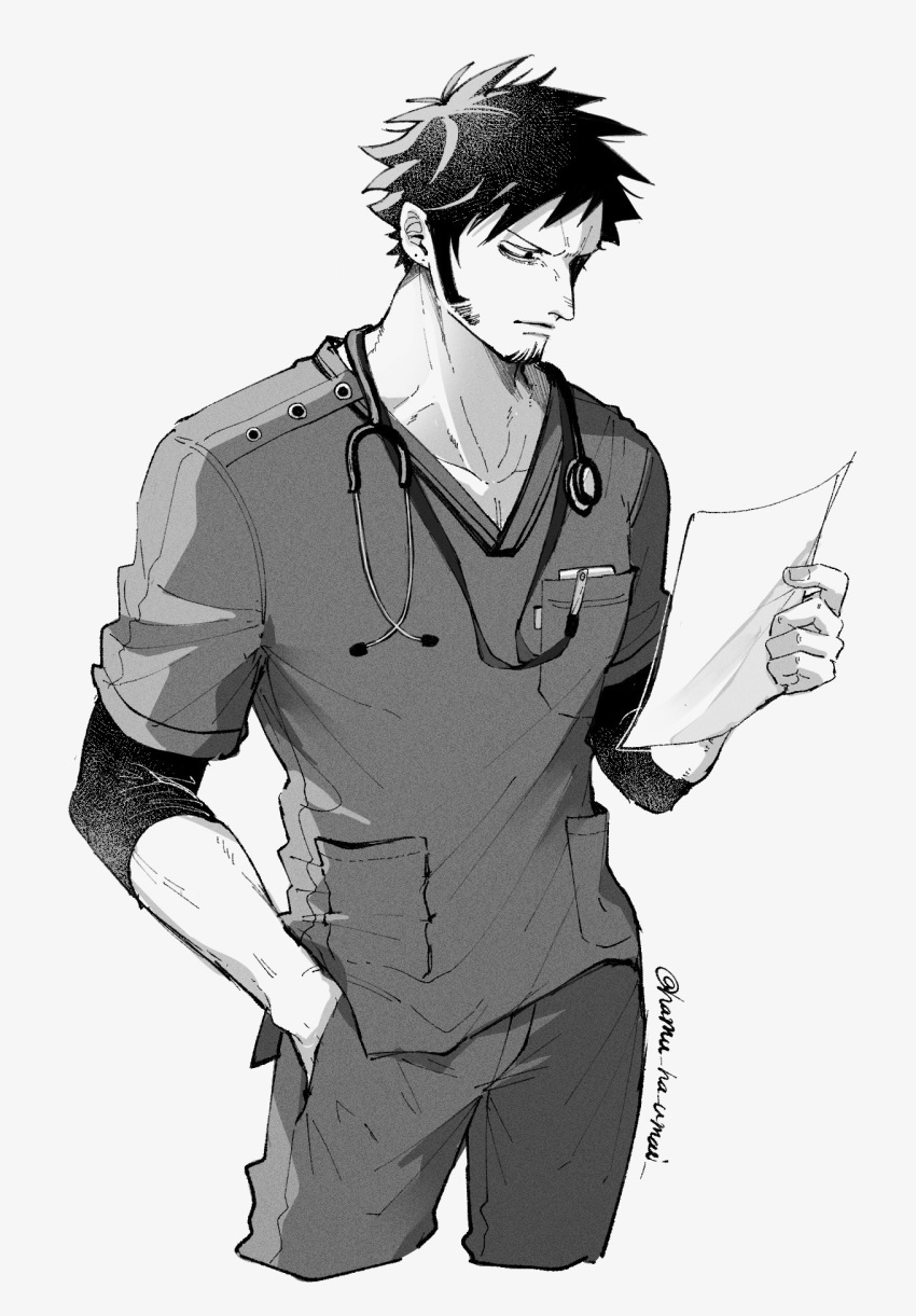 1boy breast_pocket closed_mouth commentary_request cowboy_shot greyscale hamu_ha_umai hand_in_pocket highres holding holding_paper lanyard long_sleeves male_focus monochrome one_piece paper pocket short_hair simple_background solo stethoscope trafalgar_law twitter_username white_background