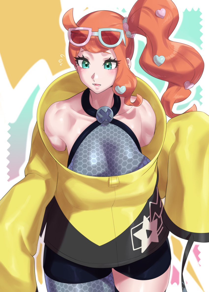 1girl :d aqua_eyes bare_shoulders blush breasts cosplay eyewear_on_head flying_sweatdrops glasses grey_thighhighs hair_ornament highres iono_(pokemon) iono_(pokemon)_(cosplay) jacket long_hair mizuumi_(bb) open_mouth orange_hair pantyhose pokemon pokemon_(game) pokemon_sv pokemon_swsh side_ponytail single_thighhigh sleeves_past_wrists smile solo sonia_(pokemon) thighhighs