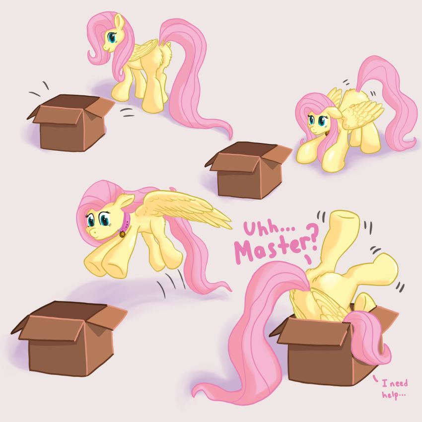 bell bell_collar box callichrome collar container equid equine female feral fluttershy_(mlp) friendship_is_magic happy hasbro hi_res horse jumping mammal my_little_pony pegasus pet petplay pony roleplay smile solo spread_wings stuck text upside_down wings