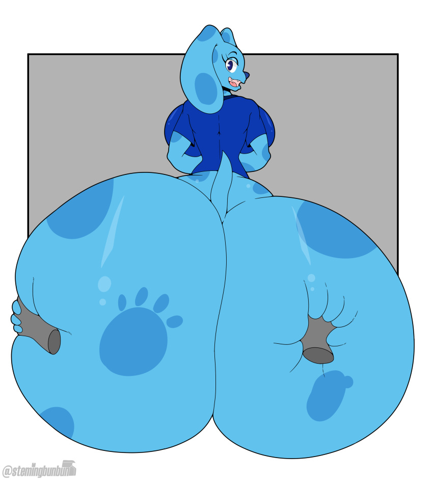 absurd_res ambiguous_gender anthro big_breasts big_butt blue's_clues blue_(blue's_clues) blue_body blue_eyes bottomless breasts butt butt_grab canid canine canis clothed clothing disembodied_hand domestic_dog duo female hand_on_butt hi_res huge_butt hyper hyper_butt looking_at_viewer looking_back mammal nickelodeon open_mouth shirt stemingbunbun topwear
