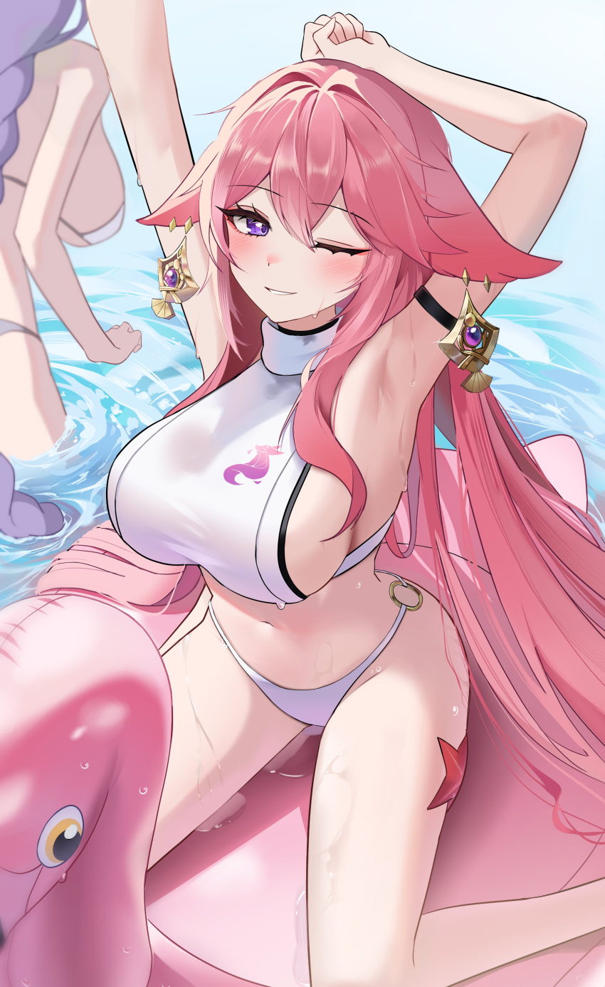 2girls absurdres arm_up armpits bikini bikini_bottom_only blush breasts commentary floppy_ears genshin_impact hair_between_eyes hair_intakes highres inflatable_flamingo large_breasts long_hair looking_at_viewer multiple_girls navel o-ring o-ring_bikini one_eye_closed parted_lips pink_hair purple_eyes raiden_shogun sideboob sideless_outfit sideways_glance sitting smile solo_focus starfish sungnyung15 swimsuit symbol-only_commentary turtleneck wariza water wet white_bikini yae_miko