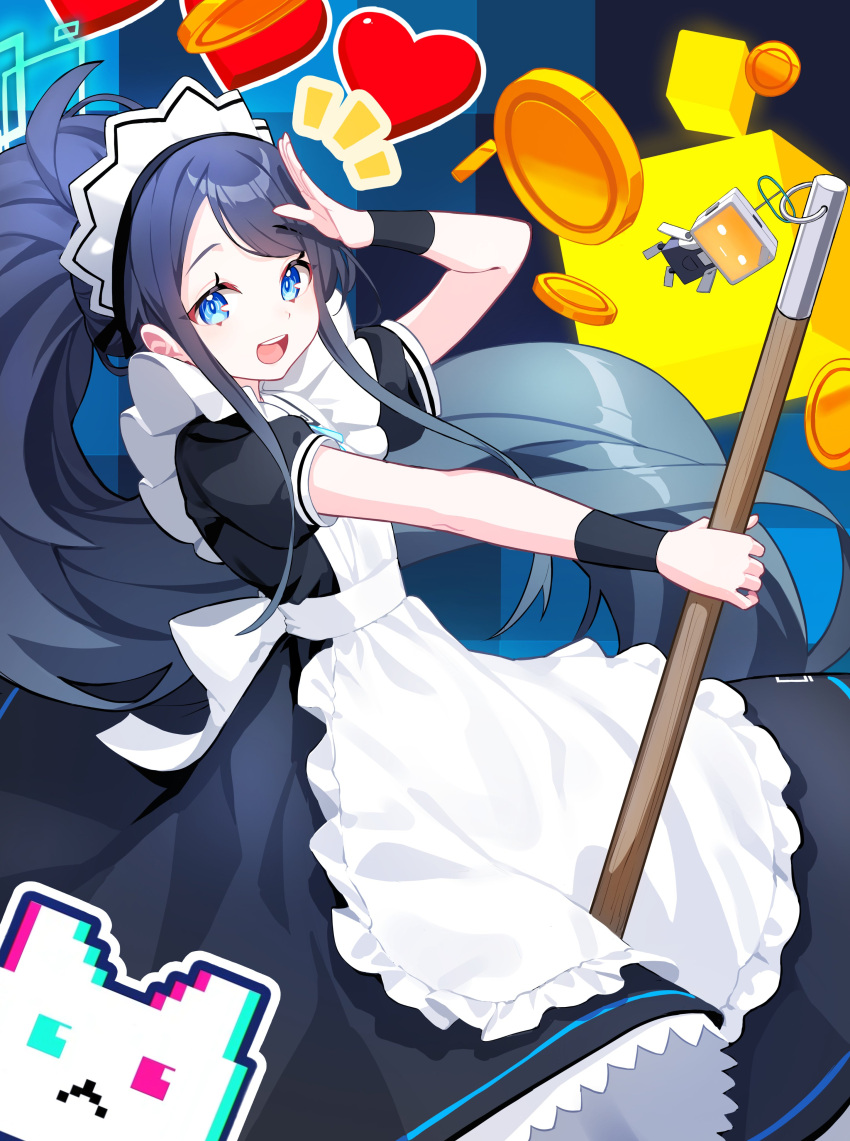 &lt;key&gt;_(robot)_(blue_archive) 1girl :d absurdres apron aris_(blue_archive) aris_(maid)_(blue_archive) black_dress black_wristband blue_archive blue_eyes blue_hair bright_pupils broom commentary_request dark_blue_hair dress frilled_apron frills green_halo halo heart highres holding holding_broom honi_(honi1010) long_hair looking_at_viewer maid maid_apron maid_headdress notice_lines official_alternate_costume open_mouth ponytail puffy_short_sleeves puffy_sleeves ringed_eyes salute short_sleeves smile solo teeth upper_teeth_only very_long_hair white_apron white_pupils