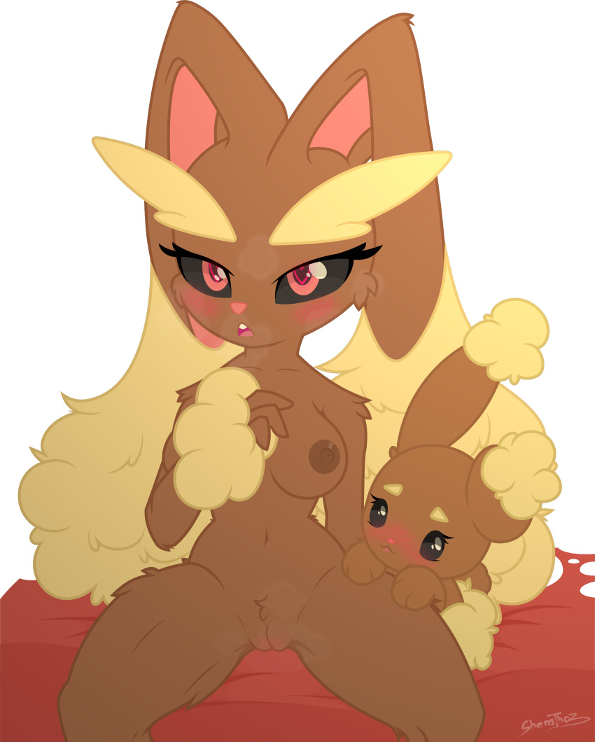 &lt;3 &lt;3_eyes alpha_channel ambiguous_gender anthro black_sclera blush breasts breath buneary duo female generation_4_pokemon genitals hi_res looking_at_viewer lopunny nintendo nipples pokemon pokemon_(species) pussy sherathoz sitting spread_legs spreading