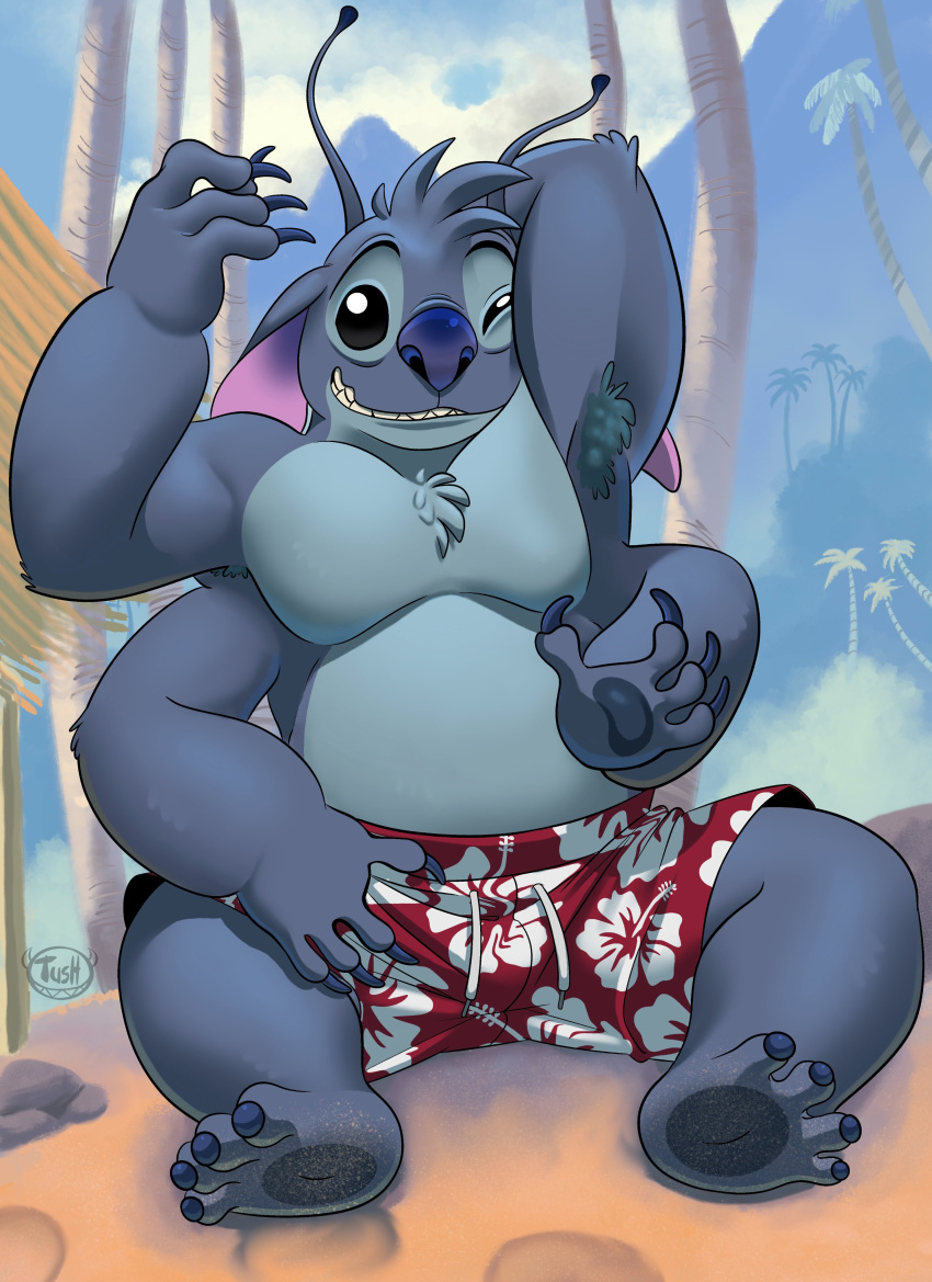 4_arms absurd_res alien anthro anthrofied armpit_hair beach belly blue_body blue_fur body_hair bottomwear clothing disney experiment_(lilo_and_stitch) fur grin hi_res lilo_and_stitch male moobs multi_arm multi_limb one_eye_closed seaside shorts sitting slightly_chubby smile solo stitch_(lilo_and_stitch) tush wink
