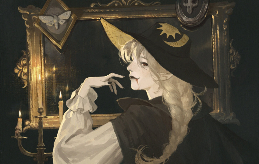 1girl black_cape black_lips black_nails blonde_hair blood candle candlelight candlestand cape highres lipstick long_hair looking_at_viewer makeup mirror pale_skin pointy_ears red_eyes shirt smile solo tagme toivarg vampire