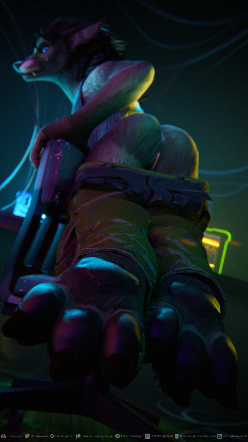 2023 3d_(artwork) 3dsmax 4k 9:16 absurd_res anthro anus black_hair black_nose blizzard_entertainment blue_eyes bottomwear bottomwear_down butt canid chair claws clothed clothing computer_monitor cybernetics cyberpunk cyberpunk_2077 destiney_crawford_(thatworgen) digital_media_(artwork) digitigrade feet female foot_fetish foot_focus fur furniture futuristic genitals hair hi_res looking_at_viewer machine mammal office_chair pants pants_down partially_clothed pawpads paws presenting presenting_anus presenting_hindquarters presenting_pussy pussy solo text thatworgen toes topwear url warcraft watermark were werecanid worgen