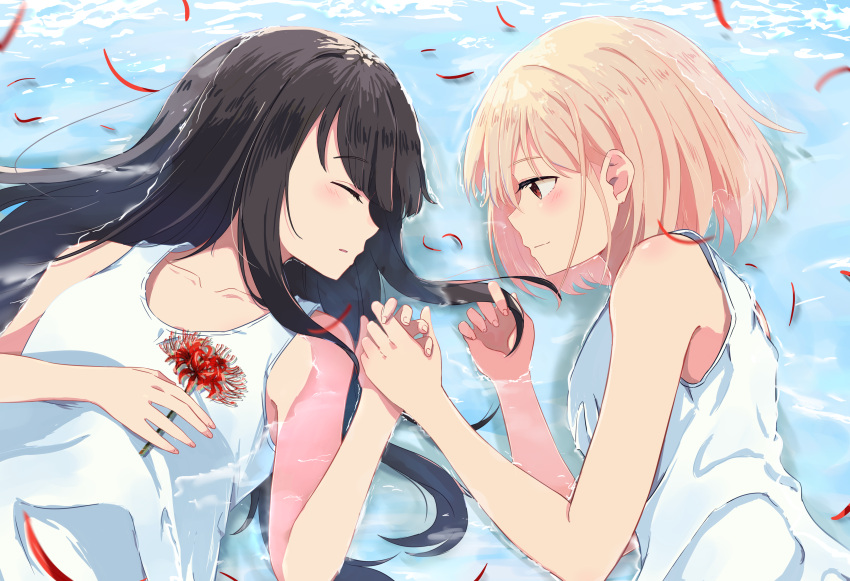 2girls absurdres bare_shoulders black_hair blonde_hair blurry blush chai_haru closed_eyes closed_mouth collarbone commentary_request depth_of_field falling_petals flower highres holding_hands inoue_takina long_hair looking_at_another lycoris_recoil lying multiple_girls nishikigi_chisato on_back on_side parted_bangs parted_lips petals playing_with_another's_hair red_eyes short_hair sleeping smile spider_lily tank_top upper_body white_tank_top